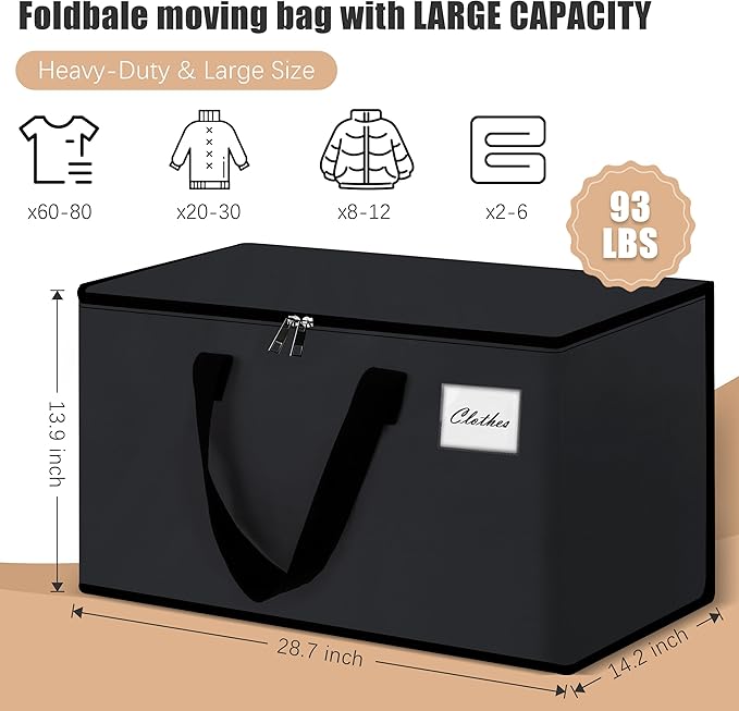 Heavy Duty Moving Bags - Extra Large Packing Bags and Storage Totes, Collapsible and Foldable Option for Moving and Storage, Black, 93 L - 18 Pack