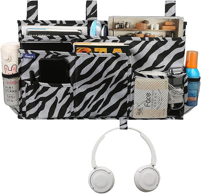 Surblue Bedside Caddy Hanging Organizer Storage Bag Pocket for Bunk, Hospital, College Dorm Rooms, Baby Bed Rails, Camp - 8 Pockets (Large, Zebra)