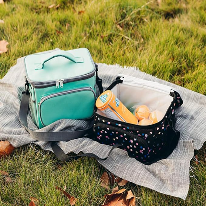 FlowFly Insulated Reusable Lunch Bag Adult Large Lunch Box for Women and Men with Adjustable Shoulder Strap,Front Zipper Pocket and Dual Large Mesh Side Pockets,BlackFlower