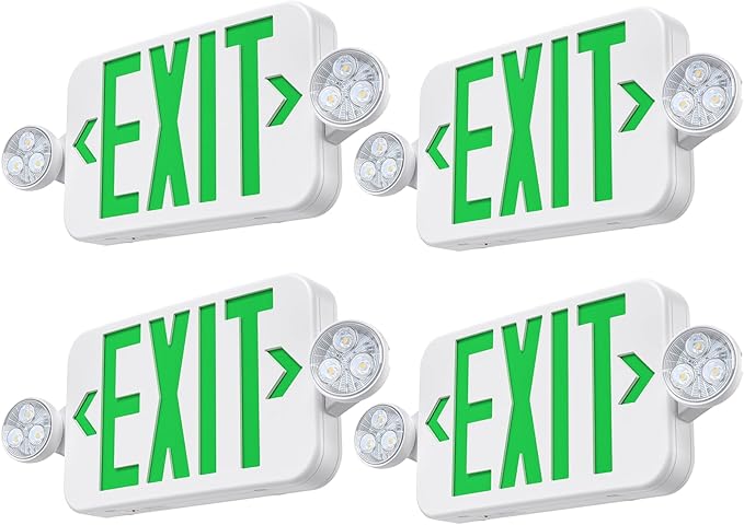 Emergency Exit Sign Lights Combo with Battery Backup, Double Sided Hardwired 6 LEDs Exit Signs, Adjustable Heads Green Emergency Exit Lighting Ceiling/Wall Mount, UL Listed, AC 120/277V (4 Pack)