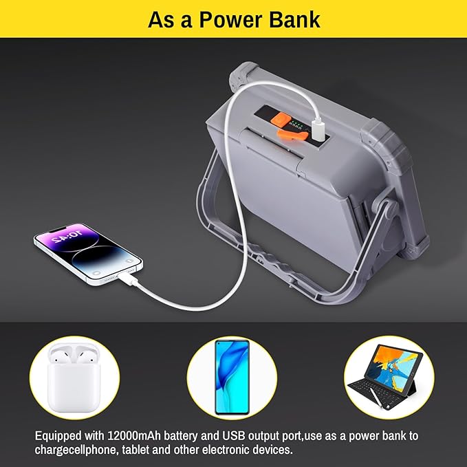 ERAY LED Work Light with 4 Solar Panel, 150W 12000mAH Rechargeable Worklight with 336 LED Beads/4 Modes/IP64/Stepless Dimming, Portable Job Site Light for Emergency Workshop（Grey