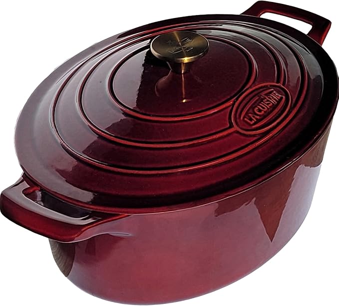 La Cuisine Enameled Cast Iron Oval Dutch Oven Casserole Dish Pot with Lid 5 QT Internal Matte Black Enamel Coating, Cranberry, Gold-Plated Stainless Steel Lid Handle, Oven Safe