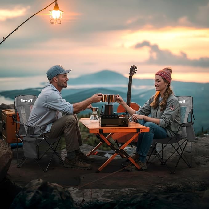 Nazhura 2 Pack Outdoor Camping Chairs Folding/Foldable/Portable with Cooler Pouch, Mesh Backrest and Cup Holder Pocket(Grey, 2 Pack)