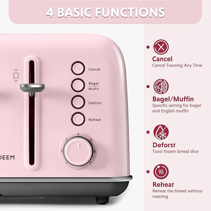 BUYDEEM DT640 4-Slice Toaster, Extra Wide Slots, Retro Stainless Steel with High Lift Lever, Bagel and Muffin Function, Removal Crumb Tray, 7-Shade Settings,Pink