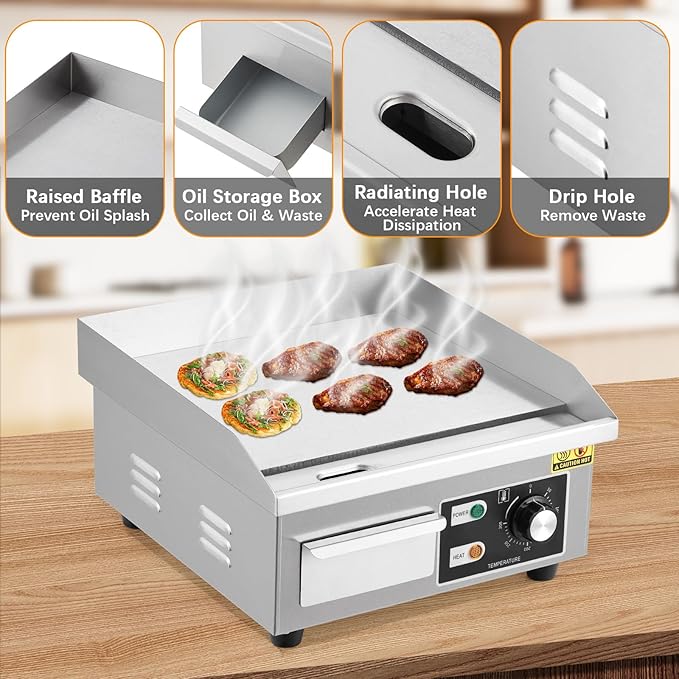 GarveeHome 14 In Commercial Electric Griddle,110V 1500W Electric Restaurant Teppanyaki Flat Top Grill with Shovels & Brushes, Non-Stick Countertop Griddle, Adjustable Temperature Control 122°F-572°F