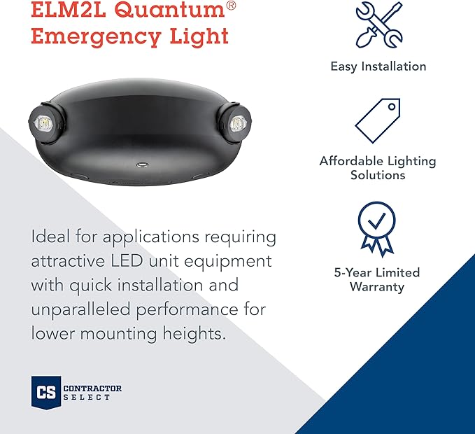 Lithonia Lighting ELM2L B M12 Quantum LED Emergency Light, Manual Testing, 220 Lumens, Black