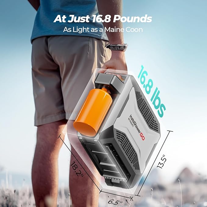 FOGATTI InstaShower GO, Portable Propane Water Heater 19,000 BTU, with 5000mAh Rechargeable Built-in Battery, DC 12V, Outdoor Camping Shower