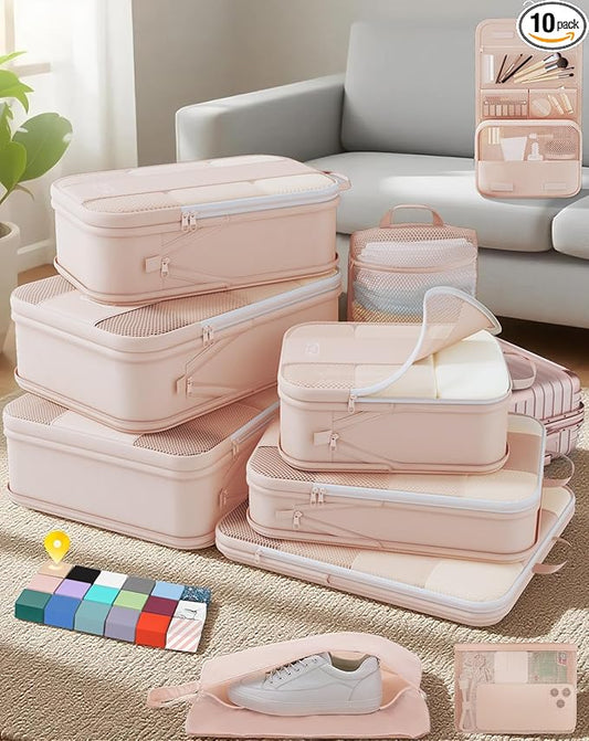 10 Set Compression Packing Cubes for Travel Women Mom,OlarHike Luggage Clothes Storage Gifts for Travelers,Airplane/Cruise/Car/Train Travel Essentials,Compressible Expandable Saver Space Bags(Beige)