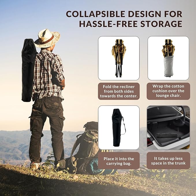 Reclining Camping Chair with Removable Footrest, 4-Position Adjustable Lightweight Folding Lounge Beach Chair with Cotton Cushion, Cup Holder & Storage Pouch for Outdoor(330lbs Capacity), Khaki