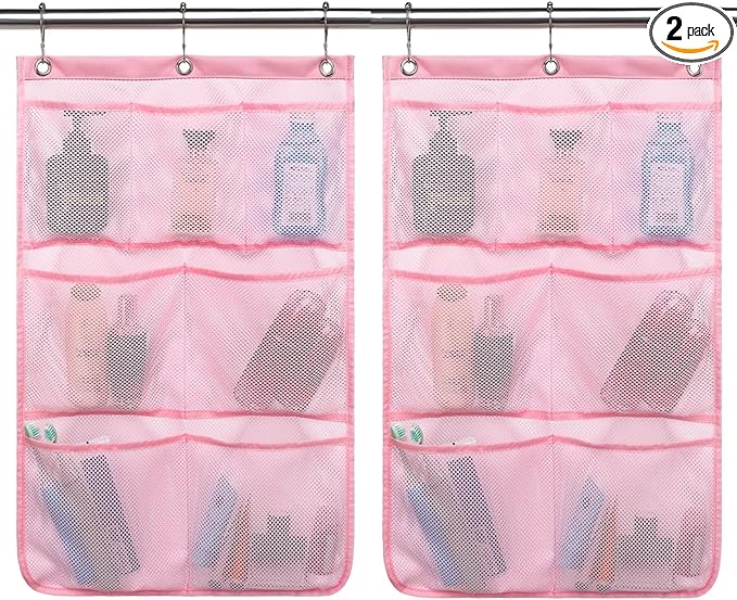 Hanging Mesh Shower Caddy for Bathroom - Quick Drying Portable Shower Organizer with Multiple Pockets for Soap,Shampoo and Cruise Ship Essentials Saving Bathroom Storage,Pink,2 Pack
