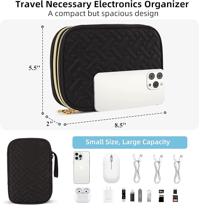 Electronics Organizer Travel Case, Charger Bag Cord Organizer Travel, Compact Tech Pouch Cable Organizer Bag for Charger, Cords, Phone, Headphones, Flash Drive, SD Card(Black, Small-Double Layer)