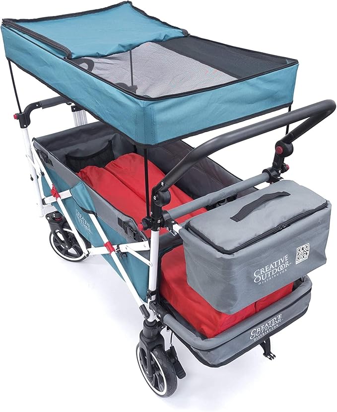 Creative Outdoor Wagon for Kids Push Pull Collapsible Stroller with Canopy Folding Cart for Beach, Park, Garden (Teal & Grey)
