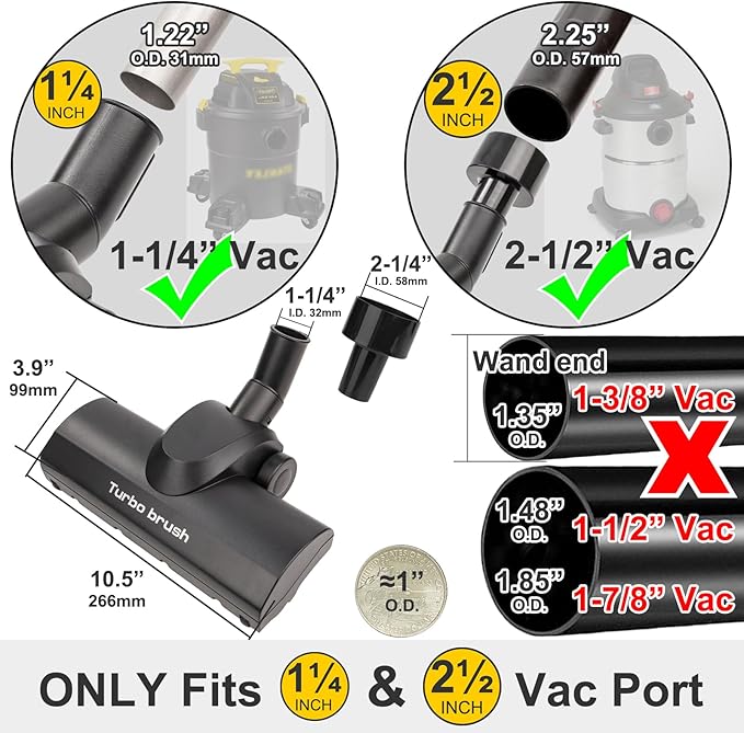 Turbo Floor Brush Vacuum Attachment, Compatible with 1 1/4" and 2 1/2" Shop Vac Wet Dry Vacuum Cleaners, Pet Hair Removal for Carpets and Hardwood Floors