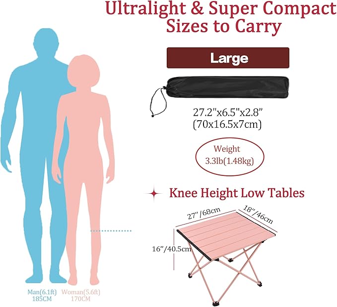 Grope Small Folding Camping Table with Aluminum Table Top, Beach Table for Sand with Carrying Bag,Prefect for Outdoor,Picnic,BBQ,Cooking,Festival