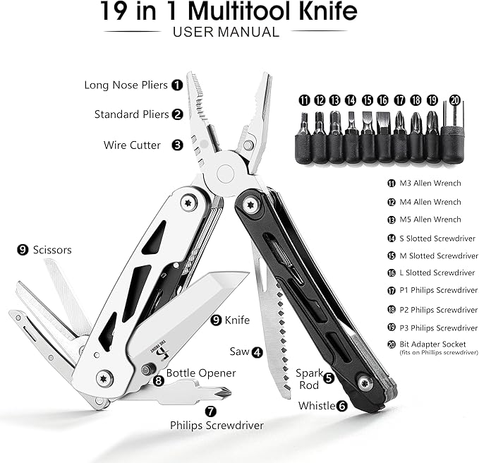 THE FRONT Multitool 19 in 1 Multitools Pliers with Detachable Scissors, Survival Utility Multi-tool Camping Tactical Knife Gift for Men