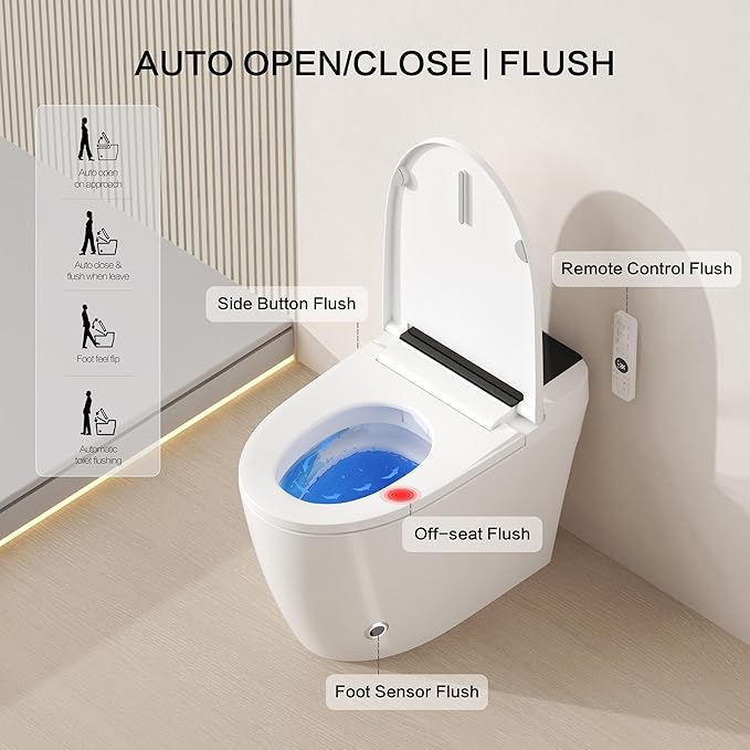 Smart Toilet with Built-In Bidet, Heated Seat, Dual Auto Flush, Warm Water & Dry Function, Tankless Design, Foot Sensor, Modern Elongated Electric, LED Display and Night Light, Wireless Remote Control