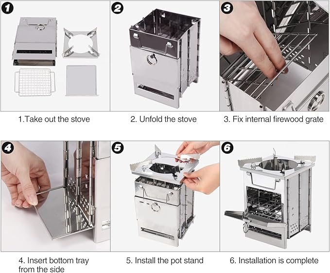 Portable Camping Wood Stove for Cooking, Folding Lightweight Stainless Steel Wood Stove with Grid and Pot Stand for Outdoor Camping Hiking Backpacking BBQ Picnic, Small