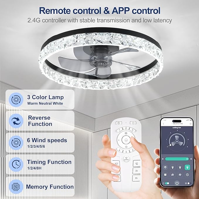 Ceiling Fans with Lights and Remote, 20 Inch Ceiling Fan with Light, Low Profile Reversible Fandelier Ceiling Fan, Dimmable LED, Flush Mount, Low Noise DC Motor, for Bedroom Kitchen Small Room
