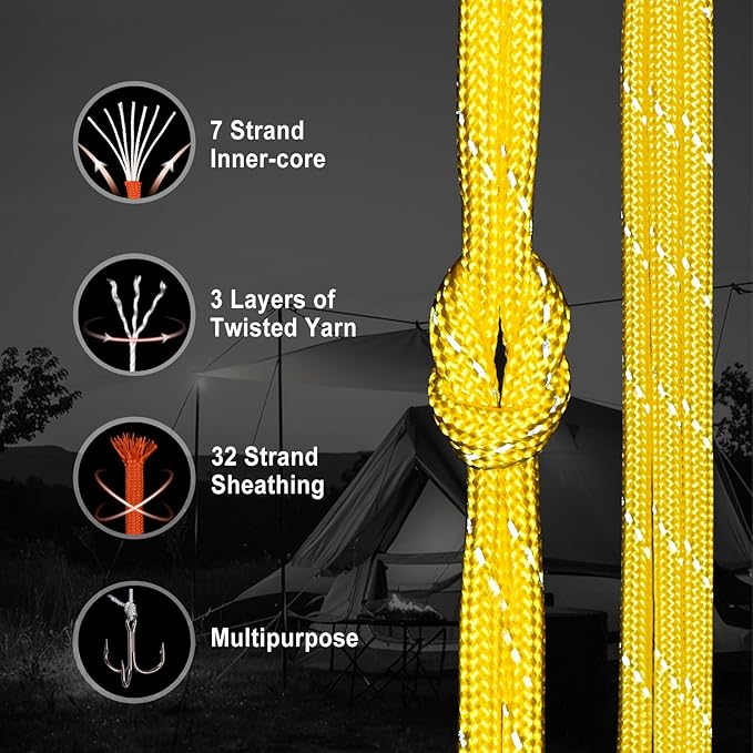 WEREWOLVES Reflective Paracord Rope 7 Strand Type III Parachute Cord 4mm 100ft / 200ft for Tent Camping Hiking Fishing Survival Tactical Clothesline DIY Projects