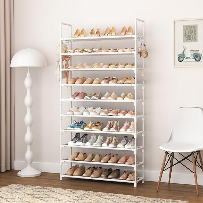 VTRIN 10 Tiers Shoe Rack Tall Large Capacity 50 Pairs Wide Shoe Organizer Sturdy Shoe Shelf for Entryway with Two Hooks Metal Shoe Storage for Closet, Bedroom, White, XJ-113