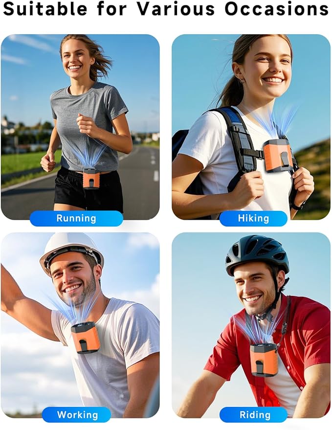 2025 Smart Portable Rechargeable Fan with LED Light & 25H Runtime, 4-Speed 9200RPM Turbo Cooling Personal Waist Fan, Wearable Neck & Belt Clip for Camping, Outdoor, Hiking - Orange