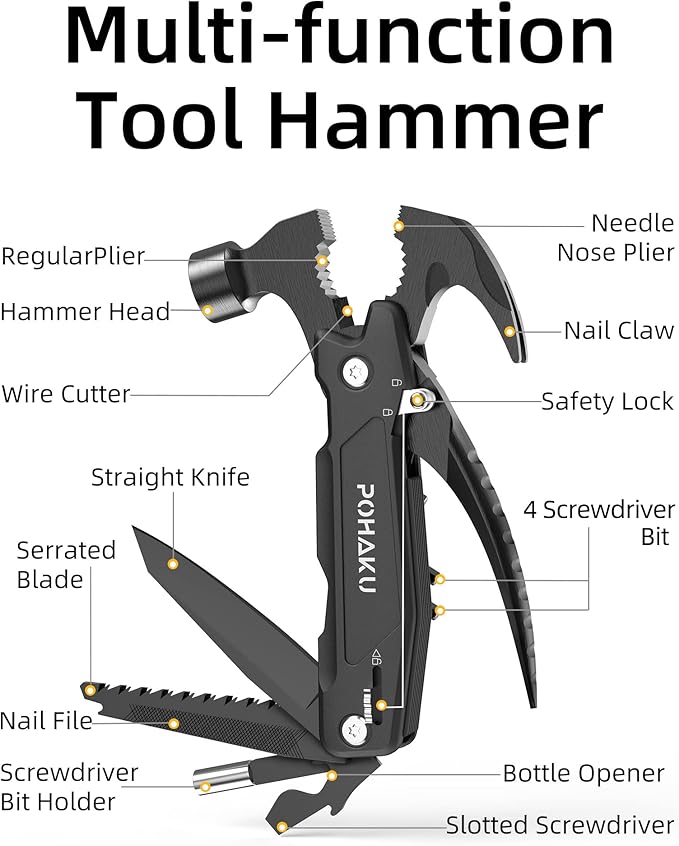 Pohaku 14-in-1 Multitool Hammer, Pohaku Multitool with DIY Stickers, Safety Lock, Screwdriver Bits Set and Durable Nylon Sheath, Multi Tool for Outdoor, Ideal Gifts for Father, Husband, Boyfriend