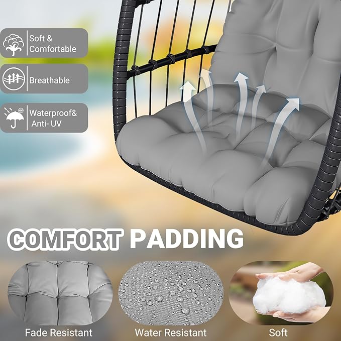 Egg Chair with Stand,Patio Rattan Wicker Hanging Swing Egg Chair Hammock Chair for Bedroom Porch Garden,Thickened Aluminum Alloy Steel Frame and UV Resistant Cushion,350LBS Capacity