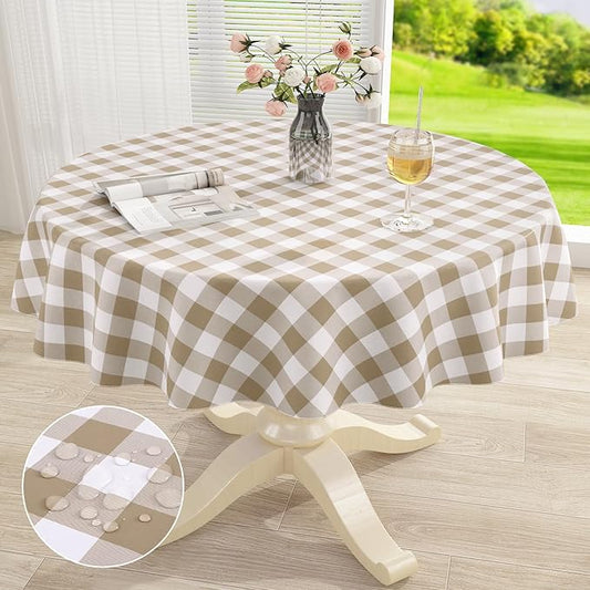 misaya Round Waterproof Vinyl Table Cloth, Buffalo Flannel Backed Tablecloth, Wipeable Plastic Table Cover for Dinner, Kitchen, Picnic (60", Khaki and White)