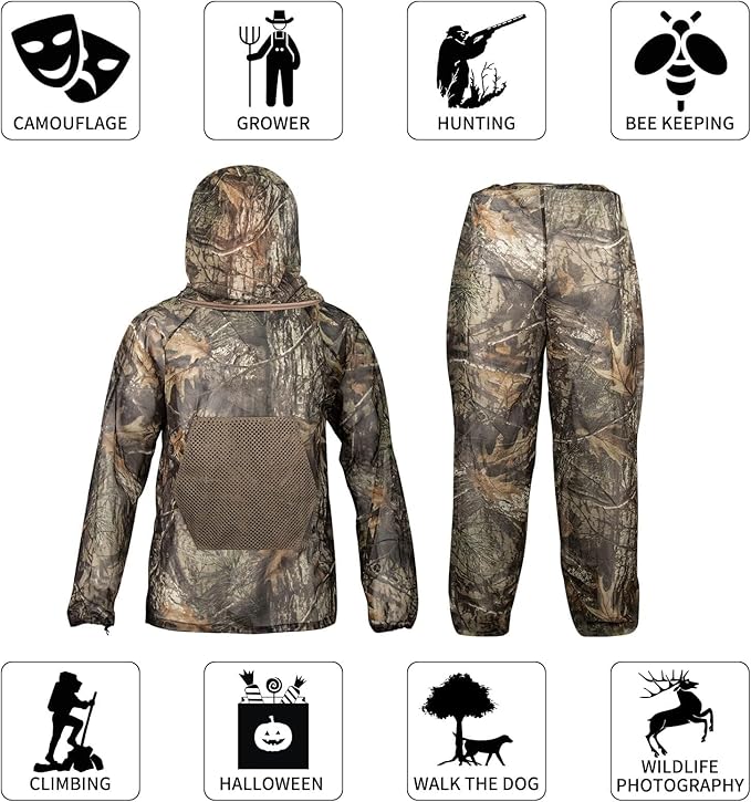 Mosquito Net Suit Camo Hunting Mesh Suit Bug Net Clothing with Hood for Outdoor Protection No-See-Ums Garden Camping