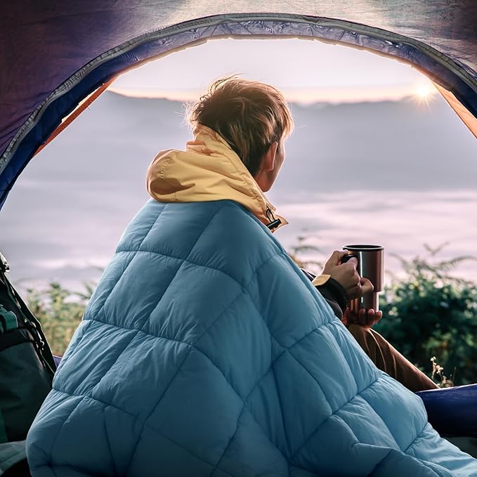 zzlamb Puffy Down Camping Blanket Water-Repellent, Down Throw Travel Blanket Portable for Outdoor, Light Warm Quilt for Couch Plane Car Theater Stadium Picnic RV Backpacking Hammock