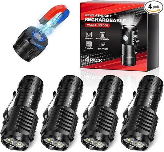 LETMY Rechargeable Mini Flashlights with Magnetic Base, 4 Pack Bright 3 LED Flash Lights, Small EDC Flashlight with Belt Clip, 4 Lighting Modes Portable Rechargeable Flashlights for Camping Home
