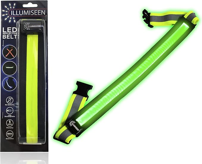 ILLUMISEEN LED Reflective Belt Sash | High Visibility LED Lights with 2 Lighting Modes | Adjustable Quick Release Buckle | USB Rechargeable, No Batteries Needed | Weatherproof Professional Safety Gear