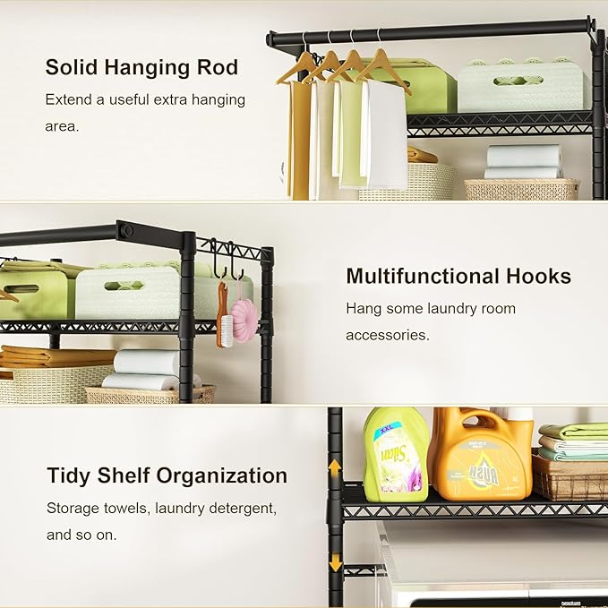 Ulif U11 Over Washer and Dryer Shelves, 3 Tiers Laundry Room Storage and Organizer Standing Shelf, Metal Freestanding Clothes Drying Rack, 33.9" W x 19.7" D x 77.6" H, Black