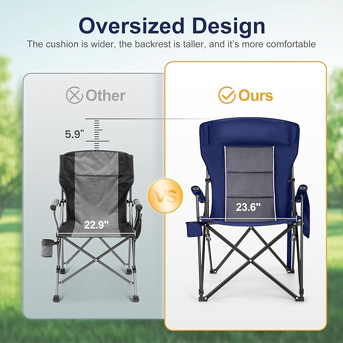 LET'S CAMP Oversized Camping Chairs 29.52" High Back Heavy Duty Lawn Chair Support 500LBS, Portable Collapsible Chair with Cup Holder, Side Pocket,2 Pack(Blue)