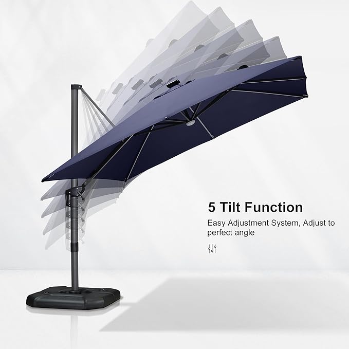 PURPLE LEAF 10 Feet Patio Umbrella with Base Outdoor Cantilever Solar Powered LED Square Umbrella Aluminum Offset Umbrella with 360-degree Rotation for Garden Deck Pool Patio Navy