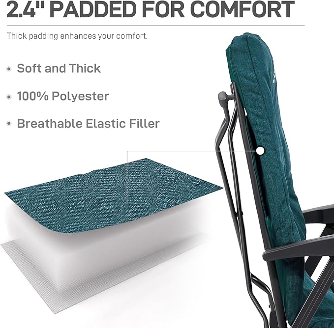 EVER ADVANCED Folding Camping Recliner Chair Fully Padded with Adjustable High Back Support Portable for Adults Patio Reclining Chair Green