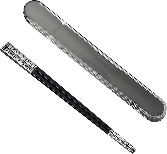 Metal Chopsticks Reusable 1 Pair Stainless Steel Travel Chopsticks Dishwasher Safe Square Lightweight Non-Slip Chop Sticks with case (Black)