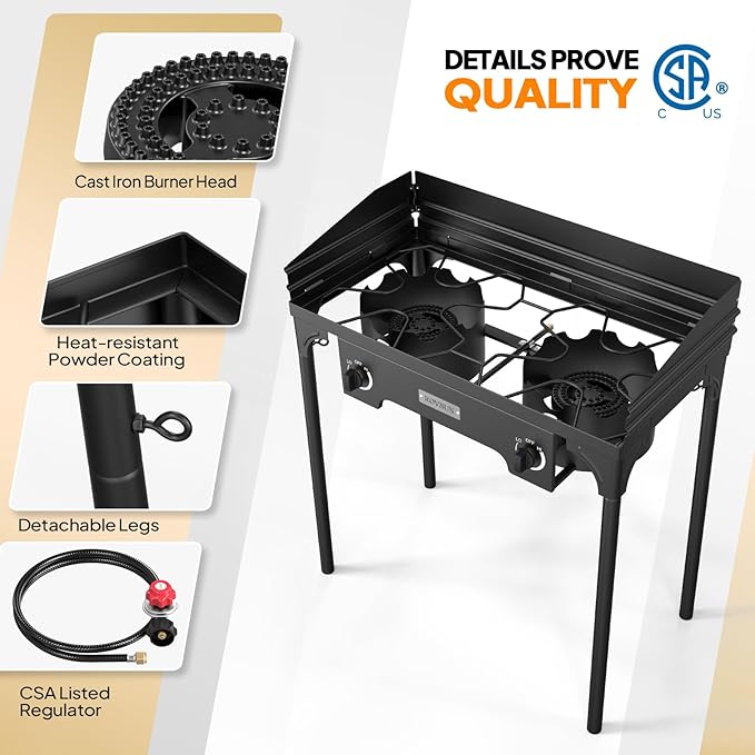 ROVSUN 2 Burner Outdoor Camping Stove with Wind Panel, 150,000 BTU Propane Burner, Gas Cooker with Detachable Legs & CSA Regulator for Home Camp Paito Cooking Frying Canning