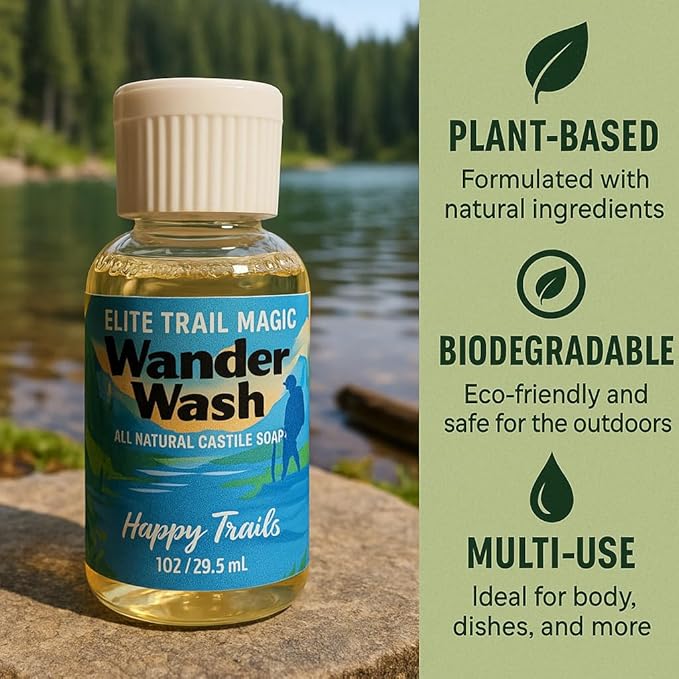 Elite Trail Magic- Wander Wash Biodegradable Castile Soap – Ultralight 1 oz Concentrated Liquid Soap for Camping, Travel & Backpacking – All Purpose, Unscented, Made in USA