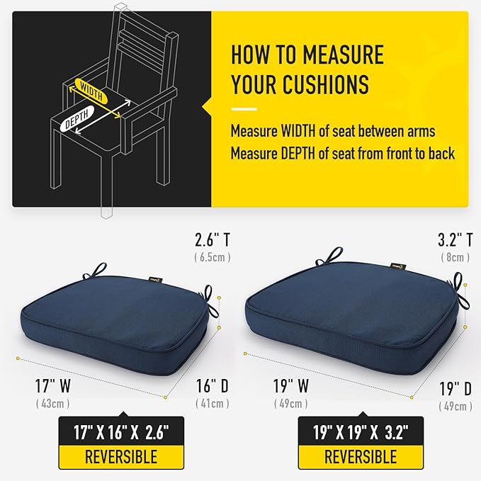 SUNROX Gel Memory Foam Chair Cushions, FadeShield Water-, Stain-Resistant Durable Reversible Seat Cushion Pads with Ties for Indoor/Outdoor Kitchen Dining Office 17"x16" Set of 2, Navy