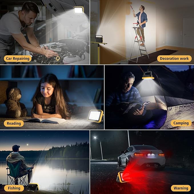 2-Pack Rechargeable Work Lights, COB Outdoor Portable LED Flood Light, Battery Operated Work Lights with Stand, Waterproof Working Light for Job Site Garage Camping Car Repair