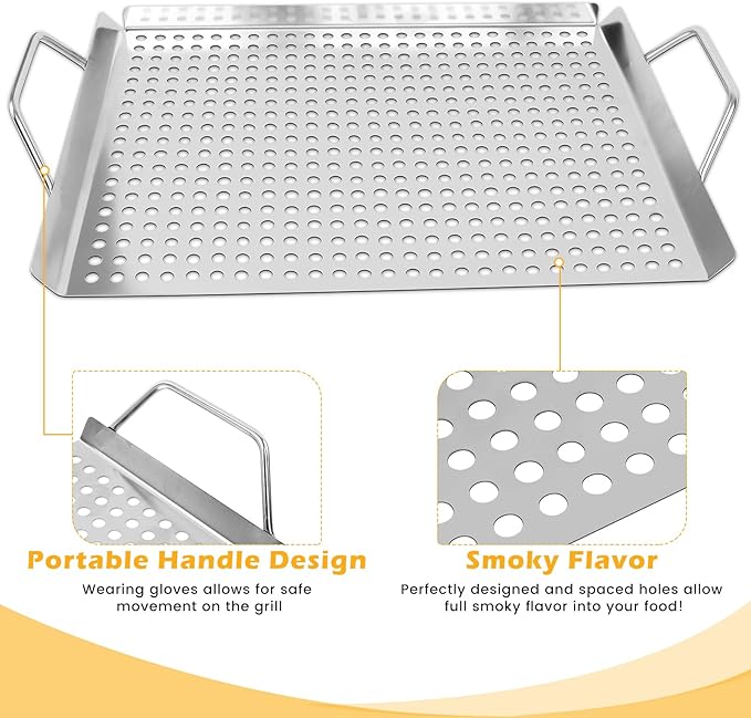 11 x 14 Inch Nonstick Grill Tray with Handles,Perforated Stainless Steel Grill Pans for Outdoor Grill,Heavy Duty Grilling Accessories for Charcoal/Gas Grills,Easy to Use and Clean