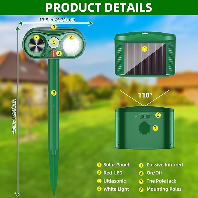 2025 2Pack Solar Ultrasonic Animal Repellent Outdoor Deer Repellent Devices with Motion Detection Waterproof Cat Repellent Outdoor Dog Raccoon Squirrel Rabbit Skunk Deterrents for Yard Garden Farm