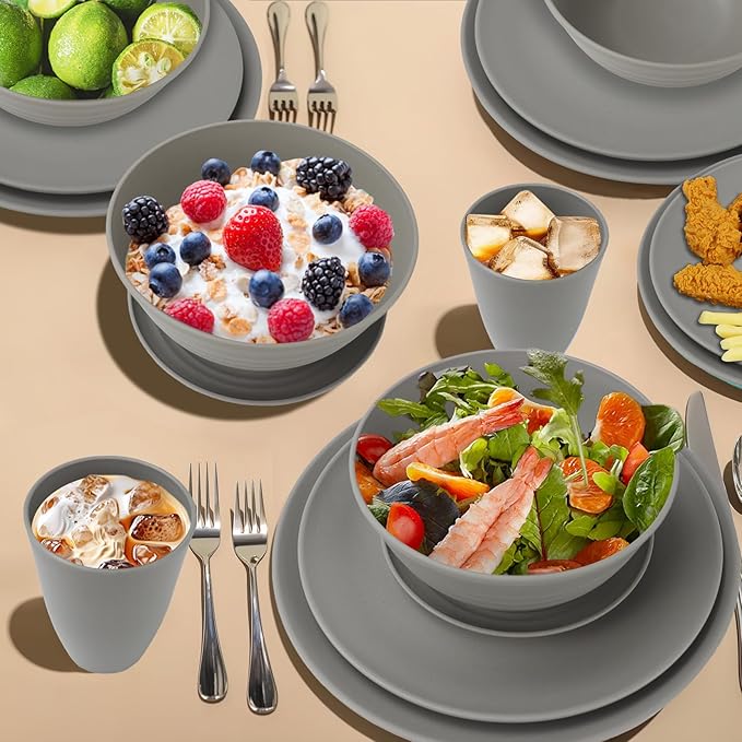 40Pack plates and bowls sets for kitchen - Unbreakable wheat straw dinnerware sets service for 8 - Alternative plastic 40pcs dish sets for picnic,camping and R.V. - (Grey)