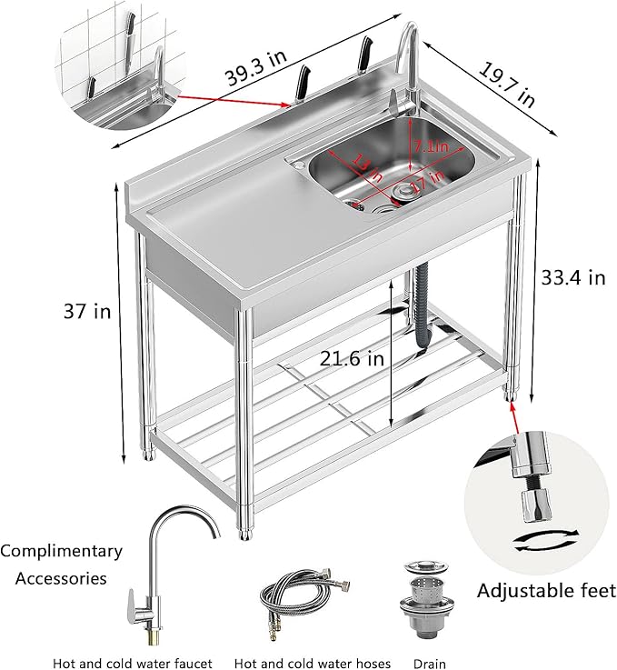 Free Standing Stainless-Steel Single Bowl Commercial Restaurant Kitchen Sink Set w/Faucet & Drainboard, Prep & Utility Washing Hand Basin w/Workbench & Storage Shelves Indoor Outdoor (39 in)