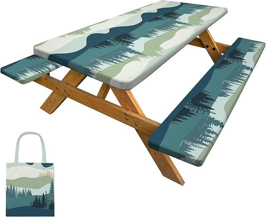 Picnic Table Cover with Bench Covers Camping Tablecloth with Storage Bag Windproof Waterproof Picnic Table Covers with Elastic for Camping
