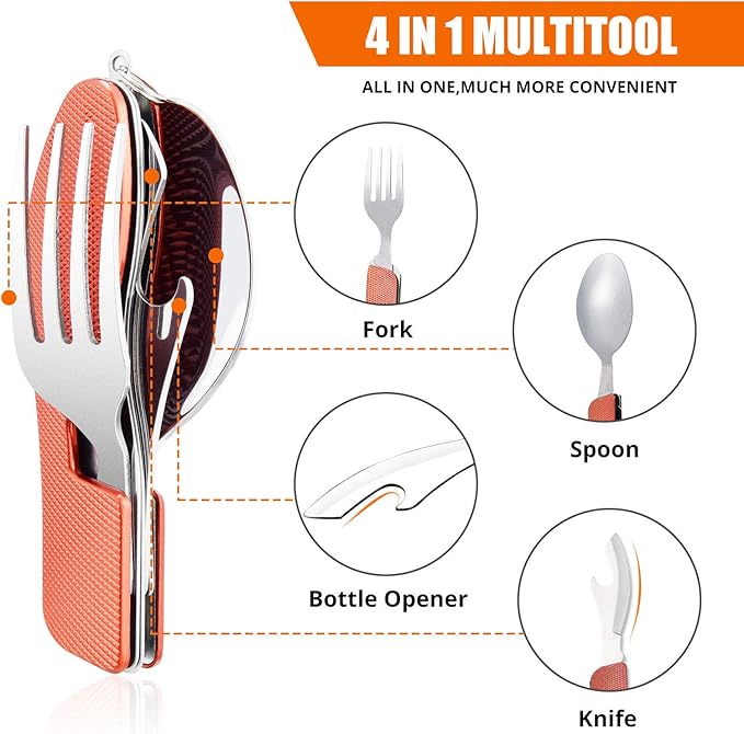 Camping Eating Utensils HIKENTURE 4-In-1 Stainless Steel Spoon Fork Knife Bottle Opener Set,Foldable Backpacking Cutlery for Traveling, Hiking, Boy Scout Gift(Red)
