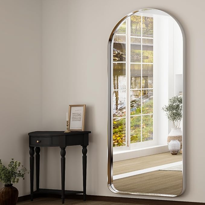71"x30" Large Arched Full Length Floor Standing Mirror with Rounded Corners, Aluminum Alloy Frame for Wall Hanging or Home Decor, Silver