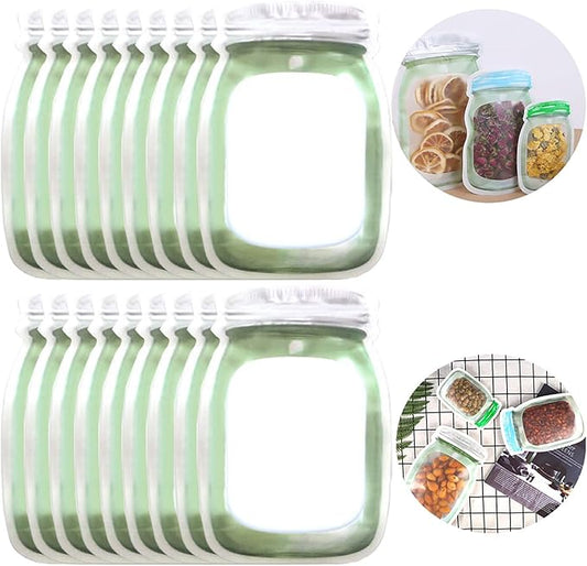 Enkrio 20 Pack Reusable Mason Jar Bags Reusable Mason Jar Zipper Bags Food Storage Bag for Kitchen Food Snack Sandwich Leakproof Snacks Food Saver Bags