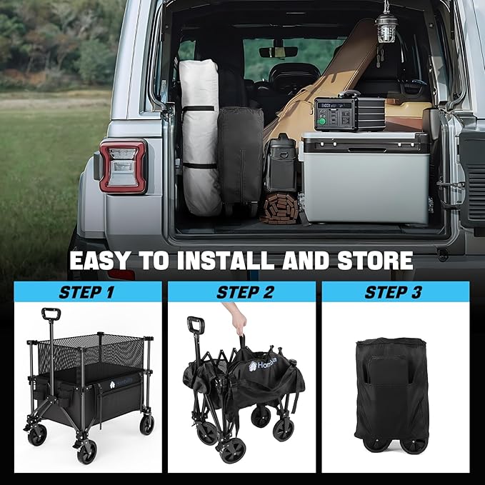 Folding Wagon Cart Foldable with Wheels, Adjustable Double Decker 150L-300L Capacity, All-Terrain Wheels & Brake, 450LBS Heavy Duty Collapsible Wagon for Beach, Camping, Outdoor